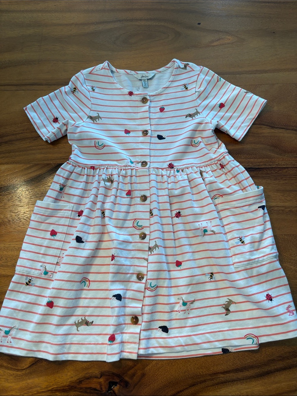 Joules White Dress with Pink Stripes and Multicolor Motifs